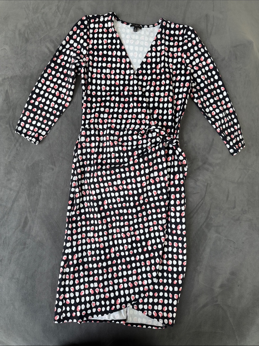 Talbots Black Midi Wrap Dress with Pink and White Polka Dots